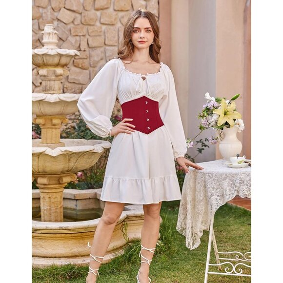 Women's Wine Red Floral Lace Up Boned Underbust Darkness Corset Waist Belts - Picture 9 of 9